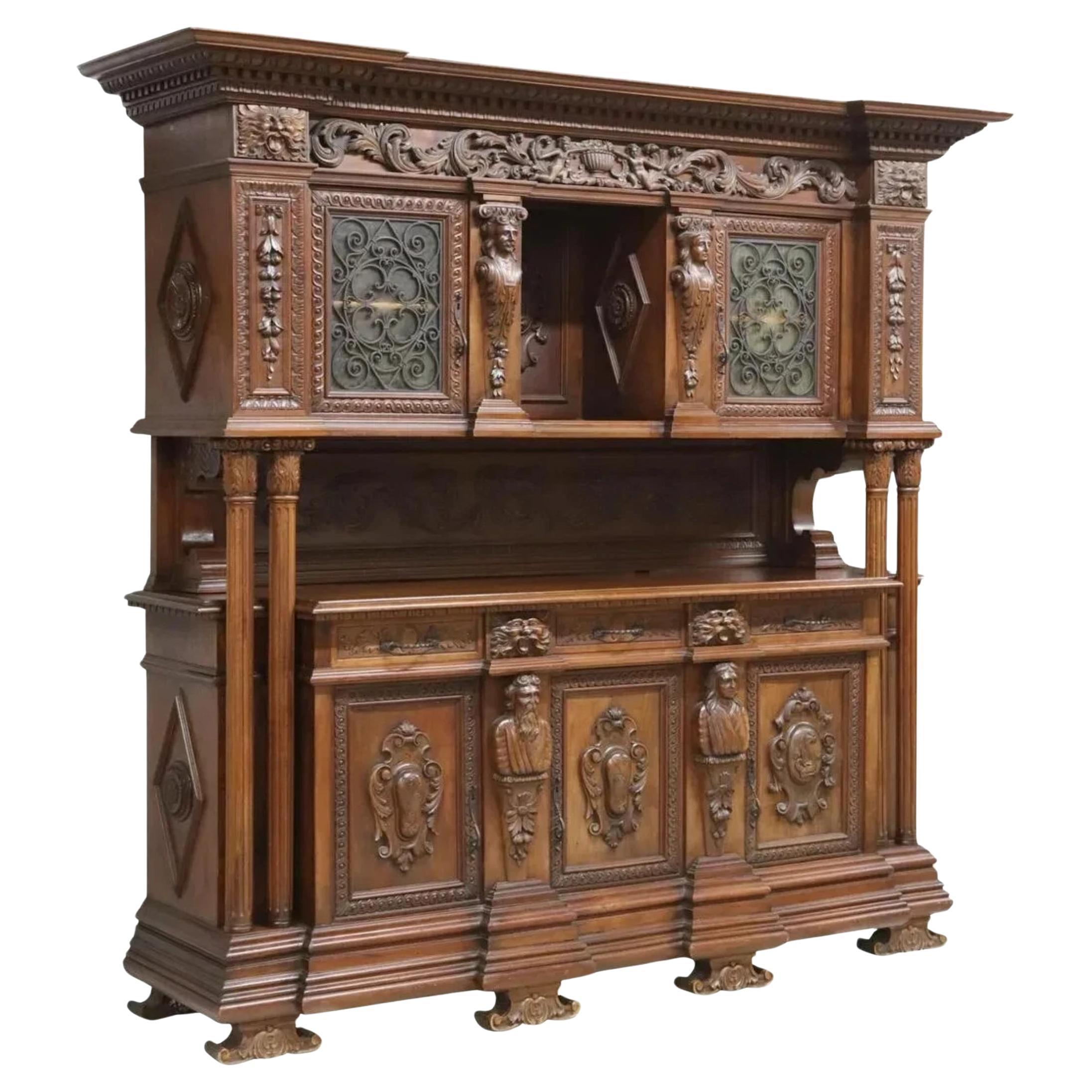 E. 1900s Antique Monumental, Fine Carved, Renaissance Revival, Walnut Sideboard!