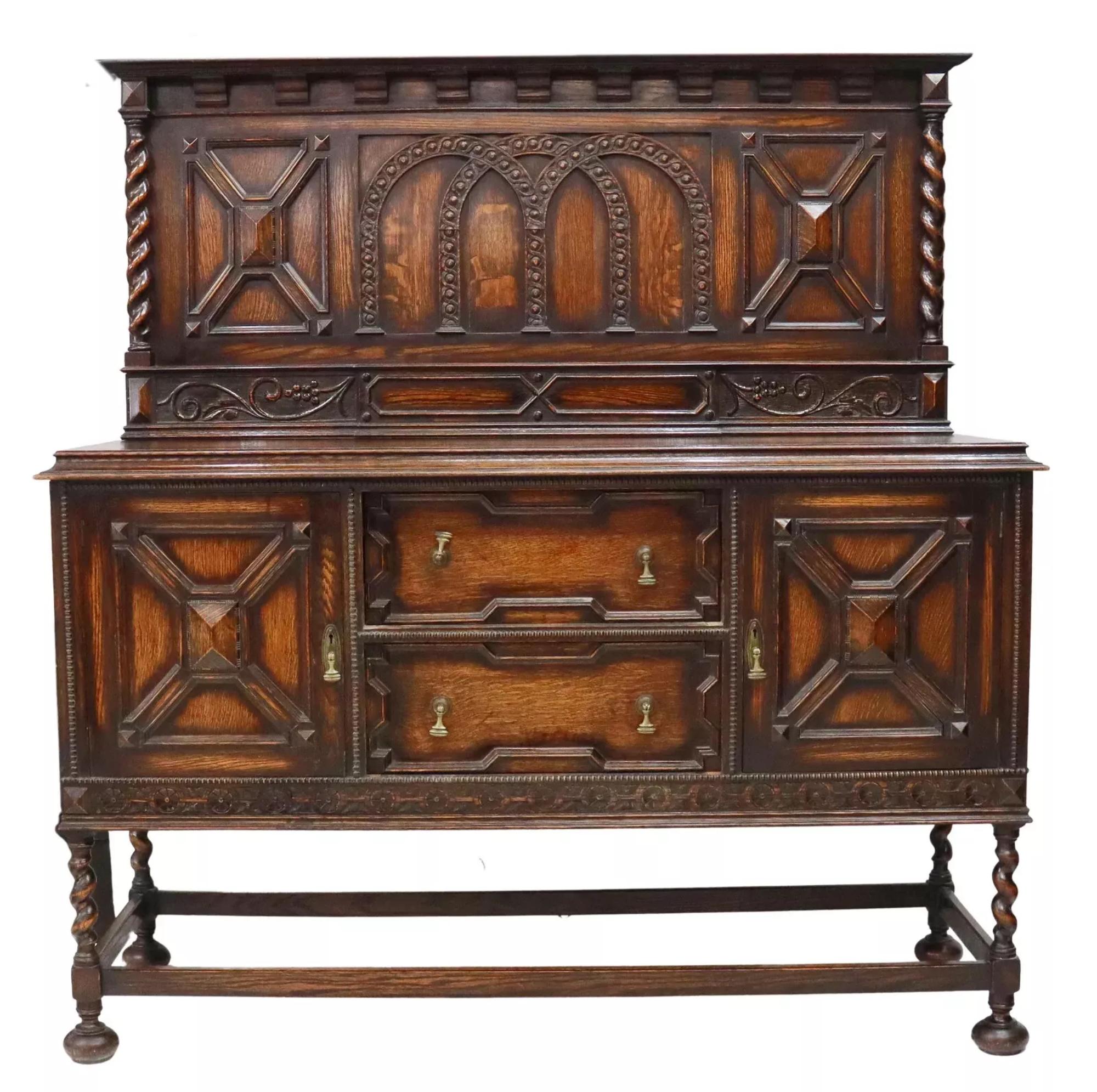 E. 1900's Jacobean Style, Carved Wood, English, Oak Barley Twist Sideboard In Good Condition In Austin, TX
