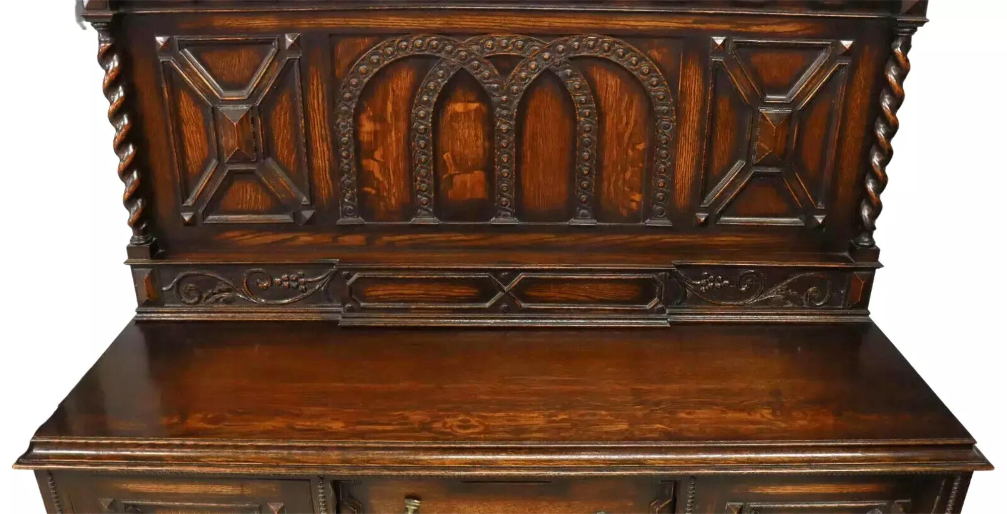 20th Century E. 1900's Jacobean Style, Carved Wood, English, Oak Barley Twist Sideboard