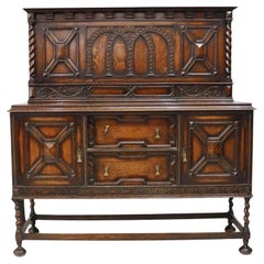 E. 1900's Jacobean Style, Carved Wood, English, Oak Barley Twist Sideboard