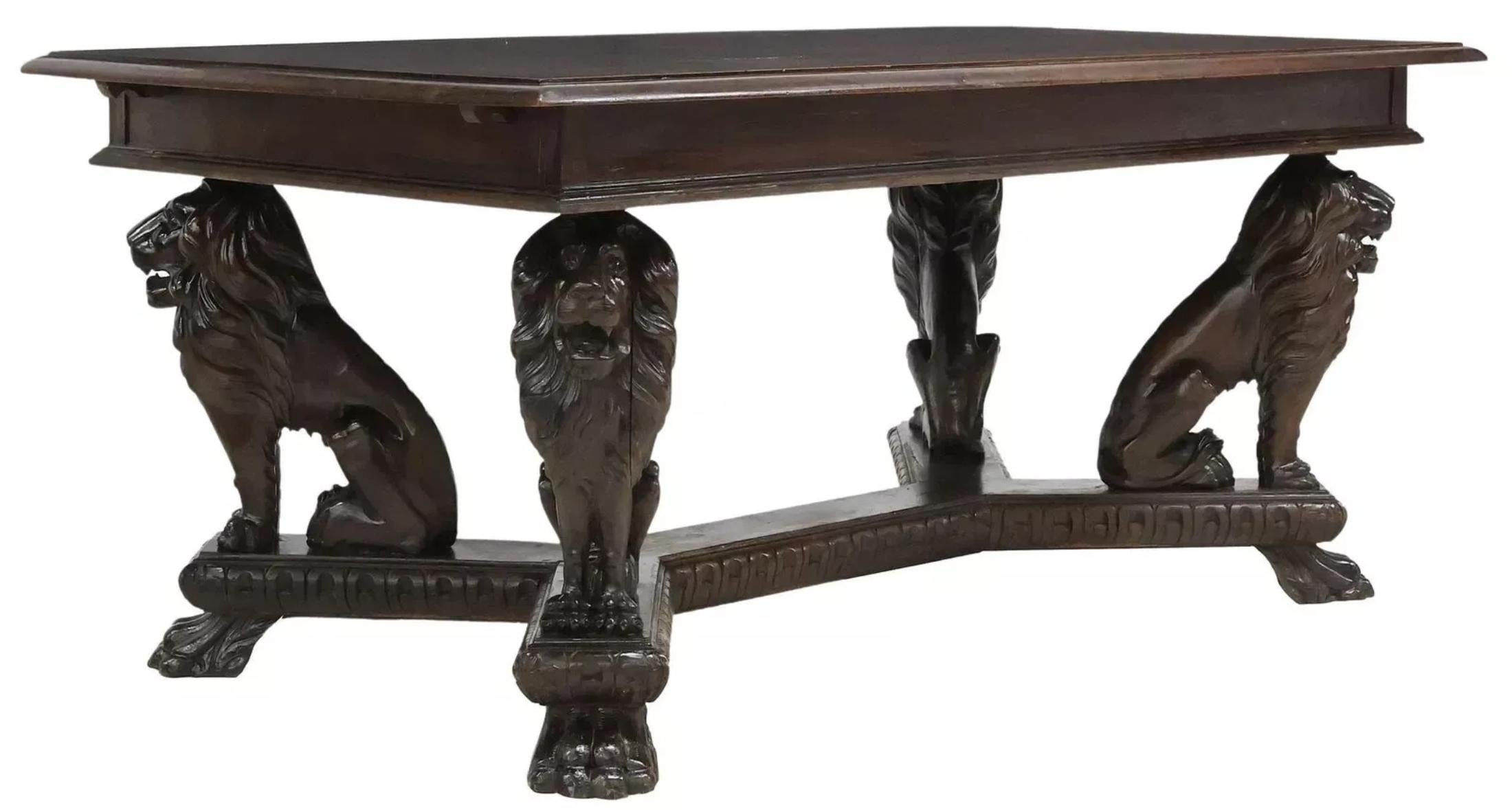 E. 1900s Lions, Italian Renaissance Revival, Carved, Walnut Extension Table! For Sale 2