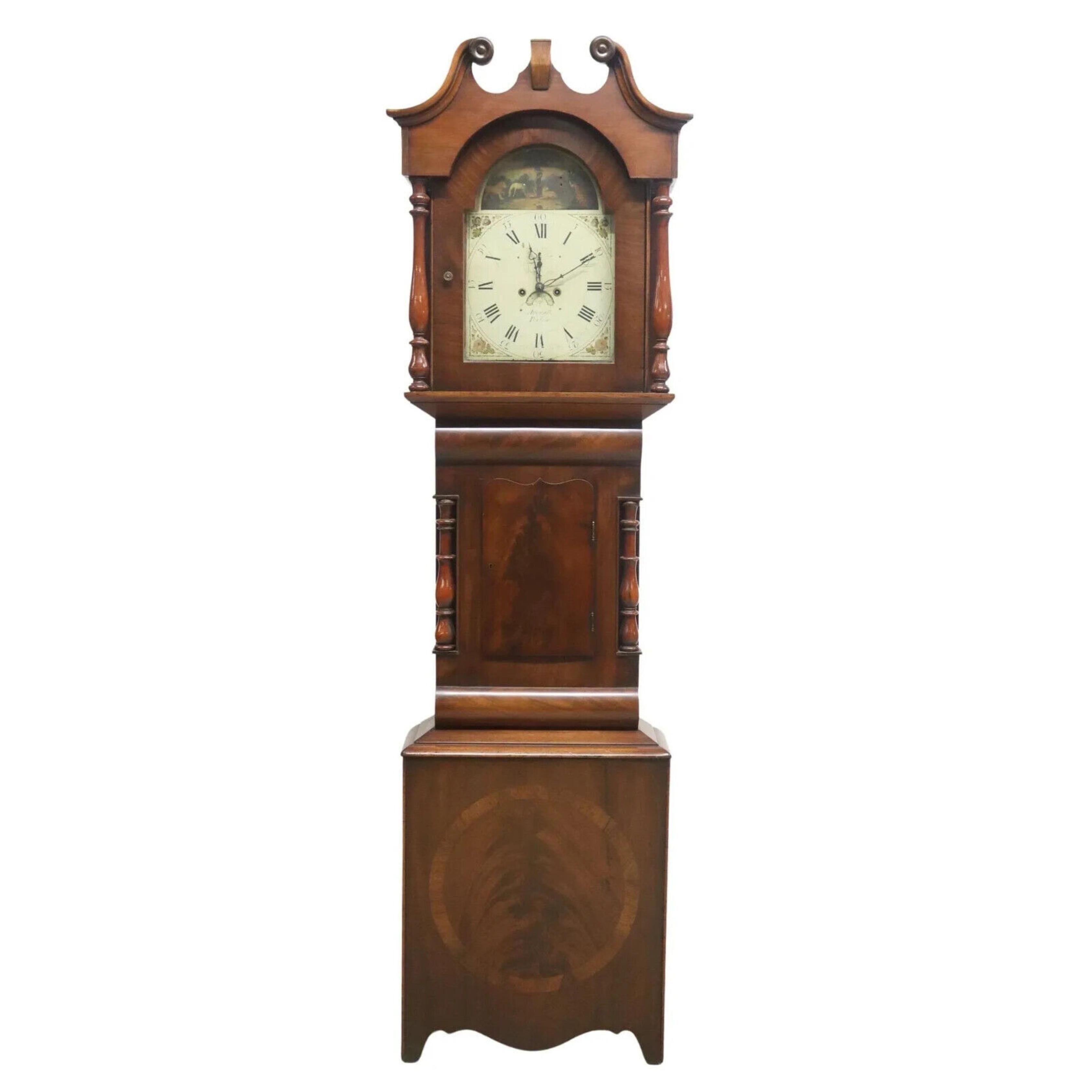 Stunning Antique Clock, Longcase, English William IV Mahogany Striking, Early 19th Century, 1800s!!

English William IV mahogany longcase clock, first half 19th c., glazed hood with swan-neck pediment, turned columns, housing a painted dial