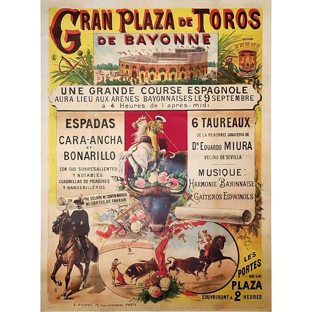 Belle affiche de Corrida monogrammée E.A.D. datant de 1890. Grande plaza de toros de Bayonne. Une grande course espagnole aura lieu dans les arènes de Bayonne le 2 septembre.

Corrida - Pays basque - Spectacle

Espadas Cara - Ancha et Bonarilla

E.