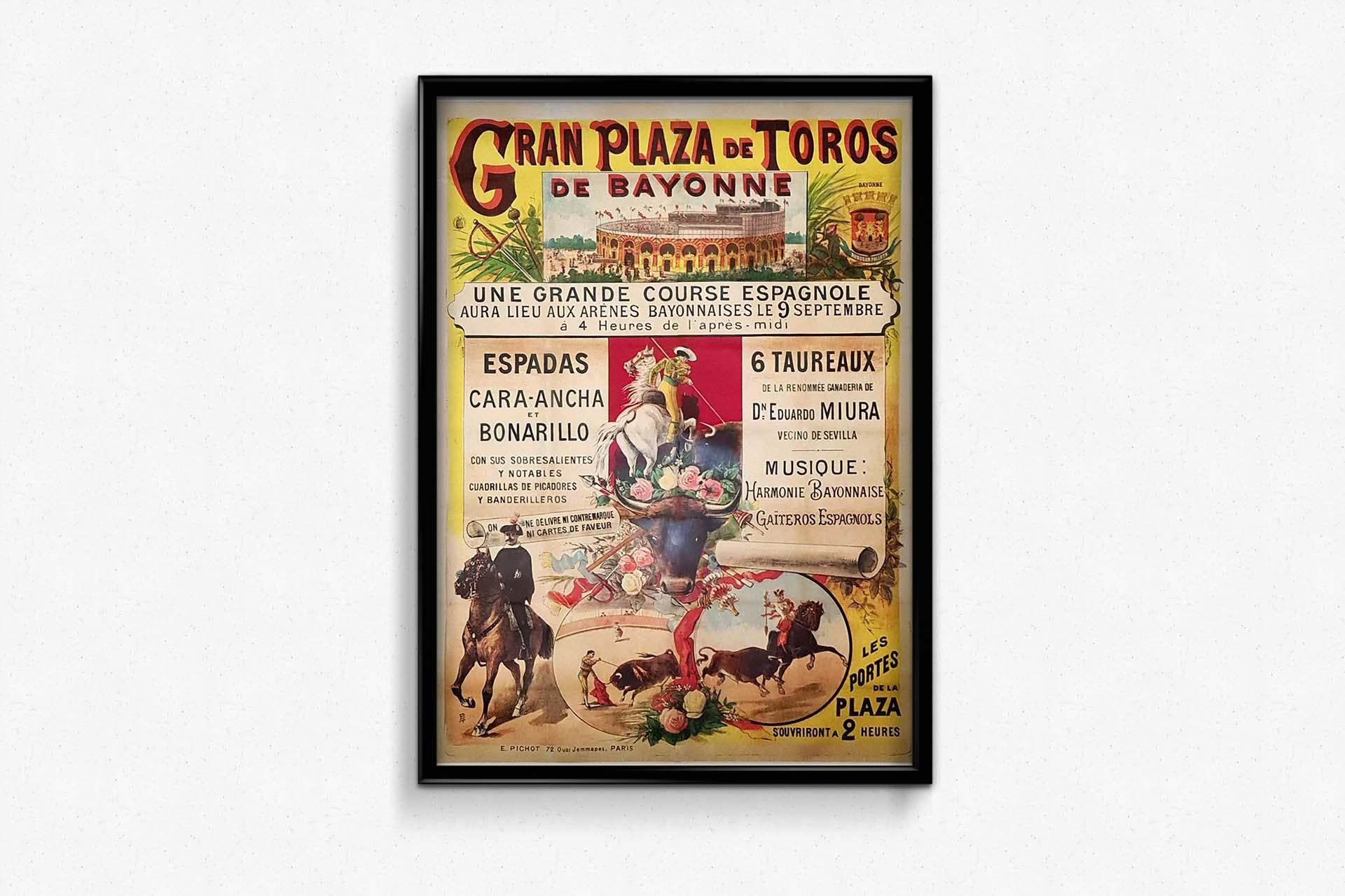 Affiche originale de Corrida par E.A.D., provenant de 1890 Gran plaza de toros Bayonne en vente 2