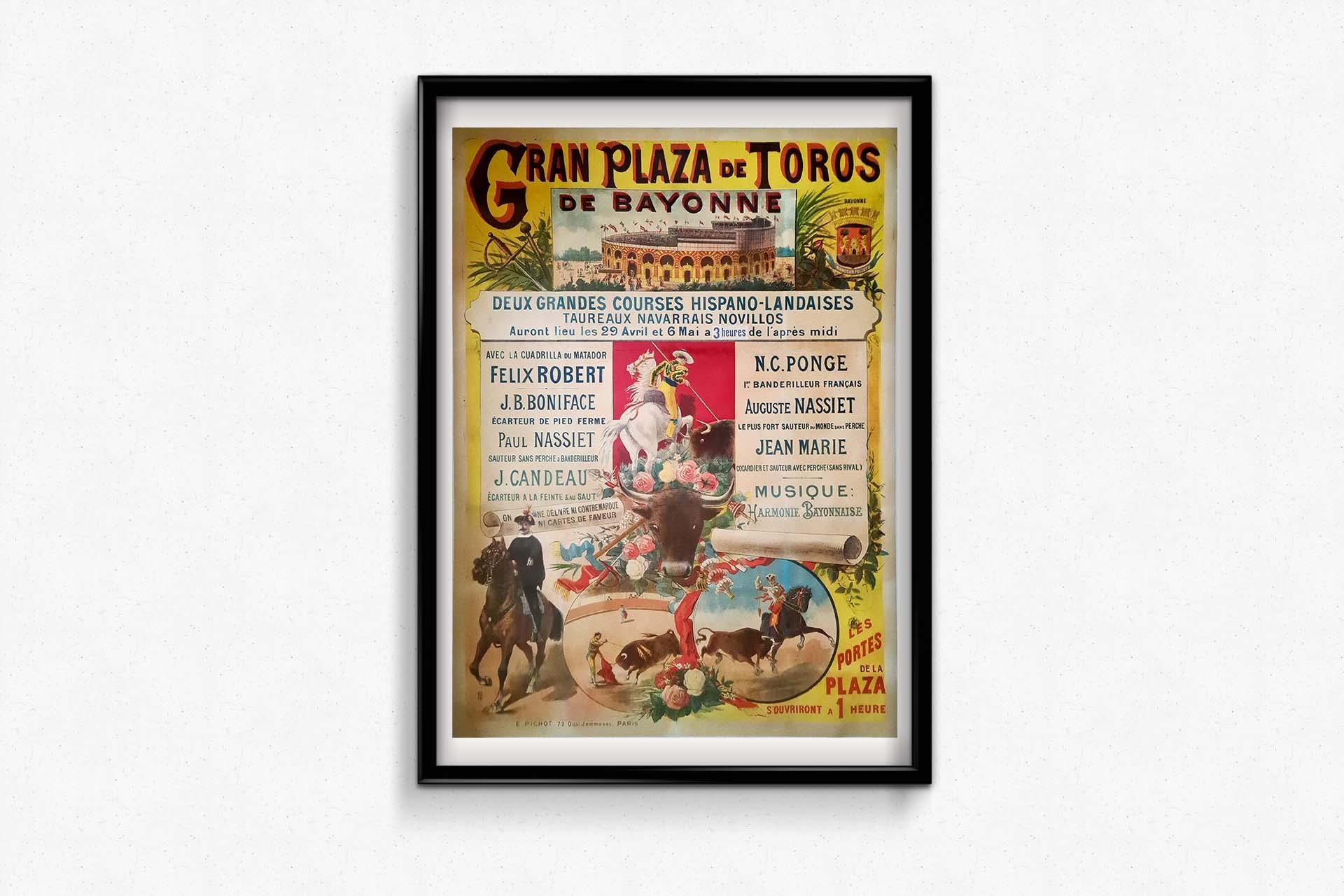 Original Poster of Corrida by E.A.D. from 1890 Gran plaza de toros Bayonne For Sale 1