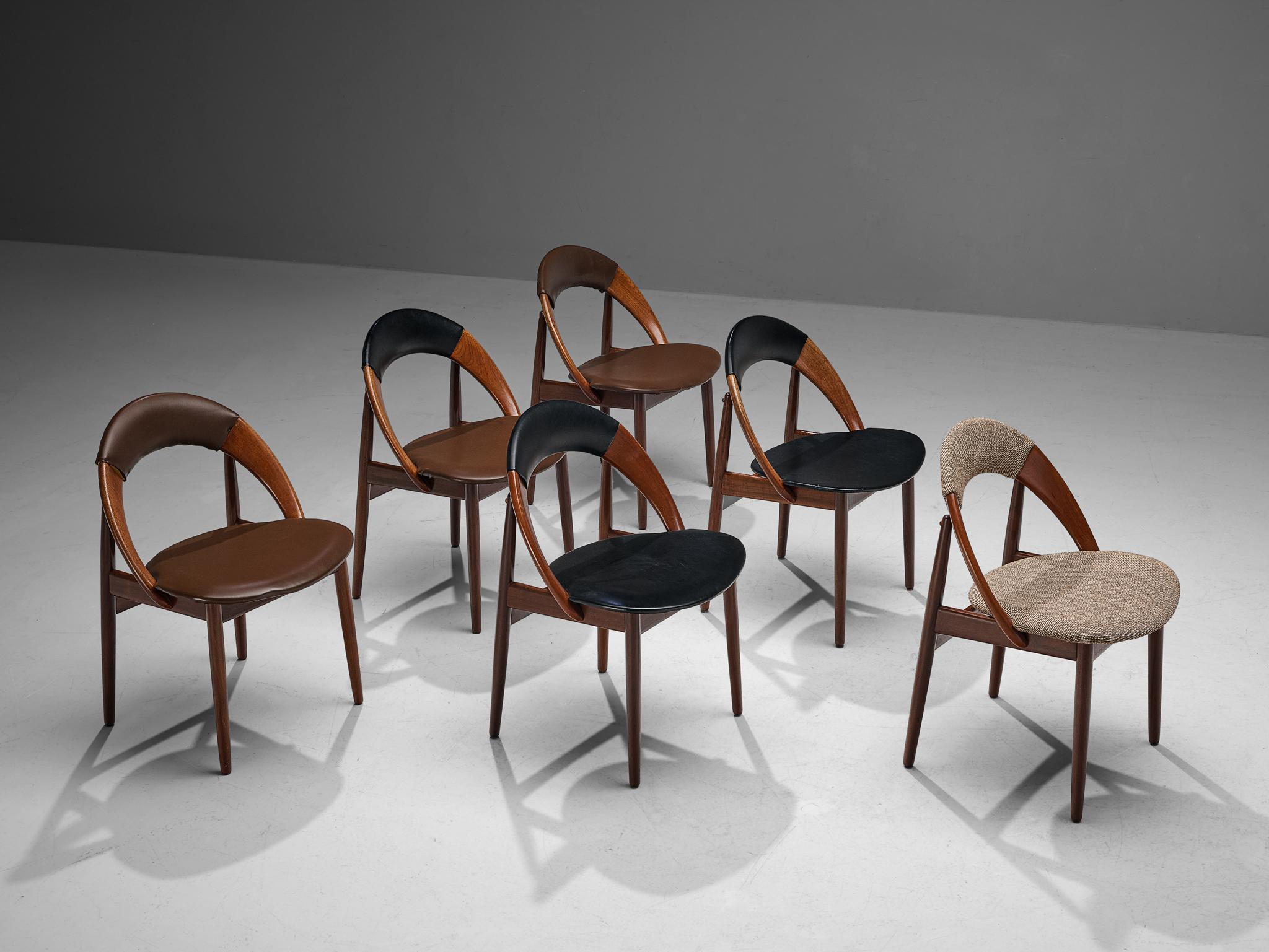 Arne Hovmand-Olsen & Ejvind A. Johansson, dining chairs, teak, leatherette, wool, Denmark, 1960s 

Set of six dining chairs designed by the Danish designers Arne Hovmand-Olsen & Ejvind A. Johansson. The chairs have a very simple and organic design.