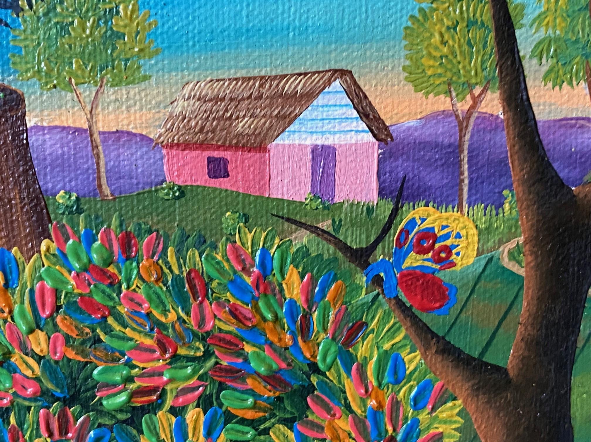 E A Othello Signé Haiti Original Haitian Folk Art Village Scene Oil Painting en vente 2