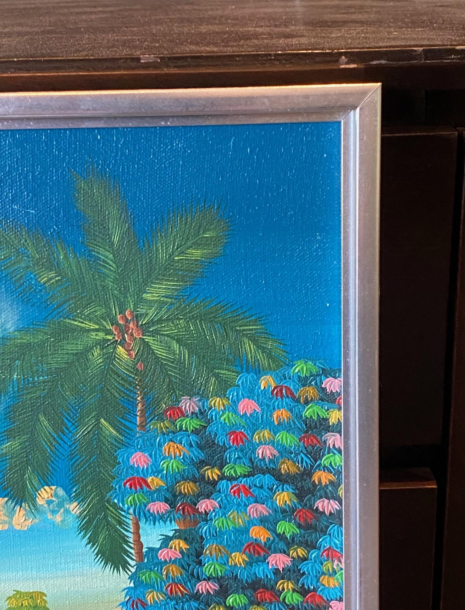 E A Othello Signé Haiti Original Haitian Folk Art Village Scene Oil Painting en vente 3