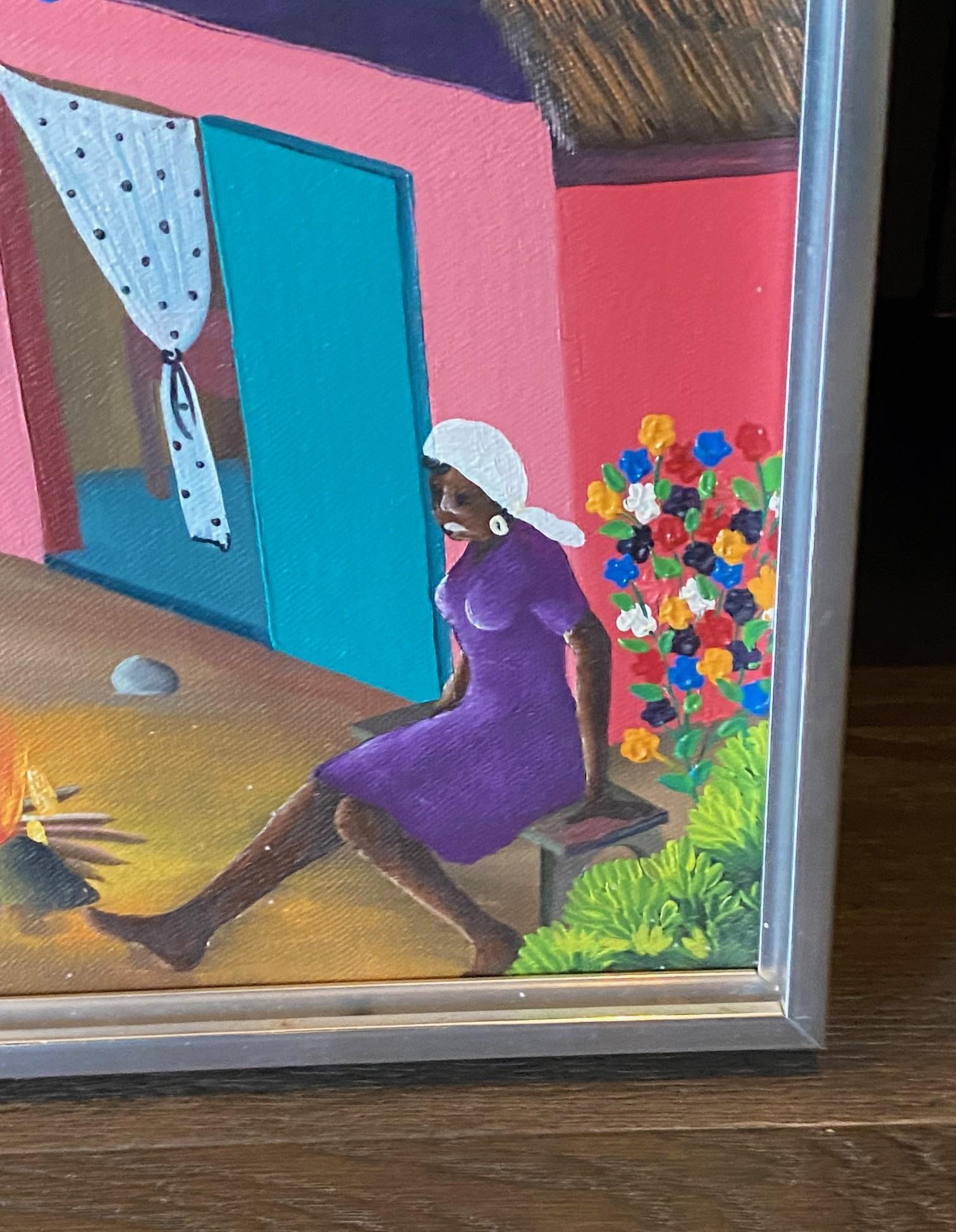 E A Othello Signé Haiti Original Haitian Folk Art Village Scene Oil Painting en vente 4
