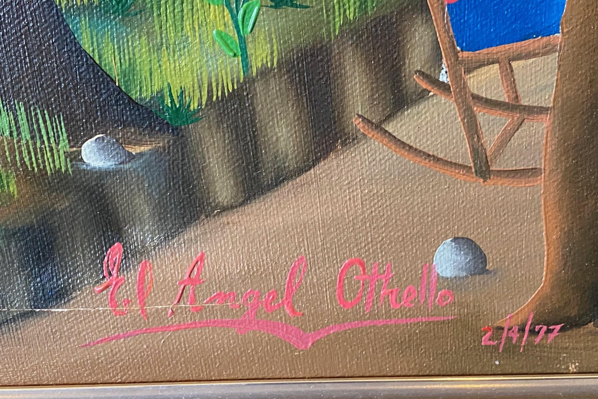 E A Othello Signé Haiti Original Haitian Folk Art Village Scene Oil Painting en vente 7