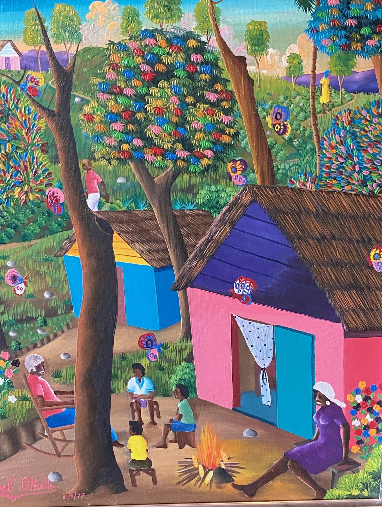 Artisanat E A Othello Signé Haiti Original Haitian Folk Art Village Scene Oil Painting en vente