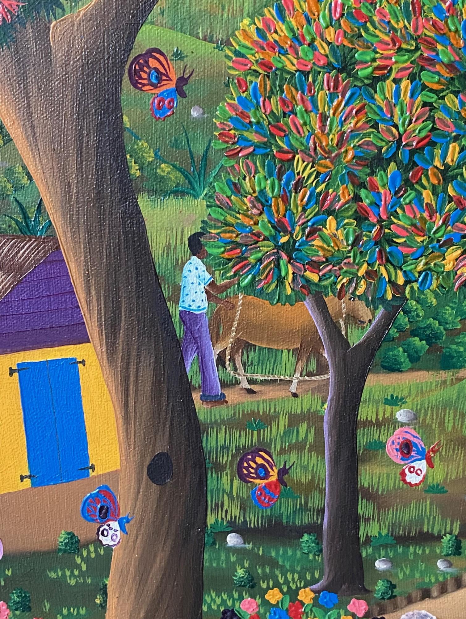 Peint à la main E A Othello Signé Haiti Original Haitian Folk Art Village Scene Oil Painting en vente