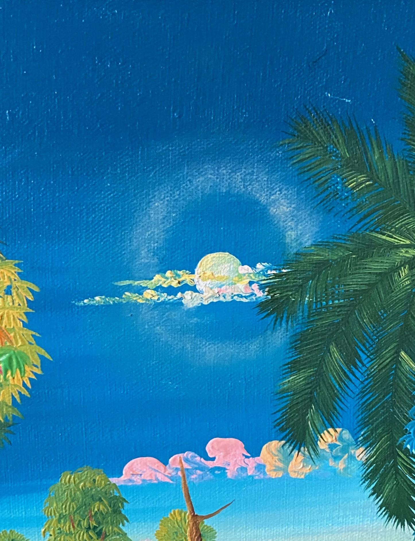 E A Othello Signé Haiti Original Haitian Folk Art Village Scene Oil Painting Bon état - En vente à Studio City, CA
