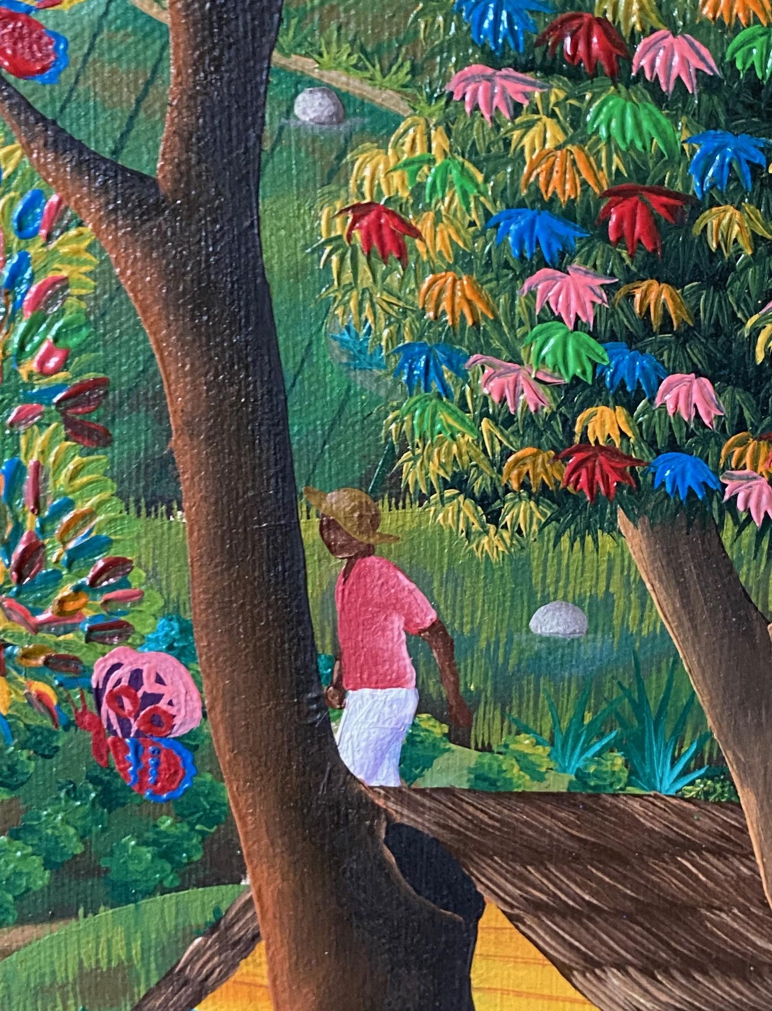 Fin du 20e siècle E A Othello Signé Haiti Original Haitian Folk Art Village Scene Oil Painting en vente