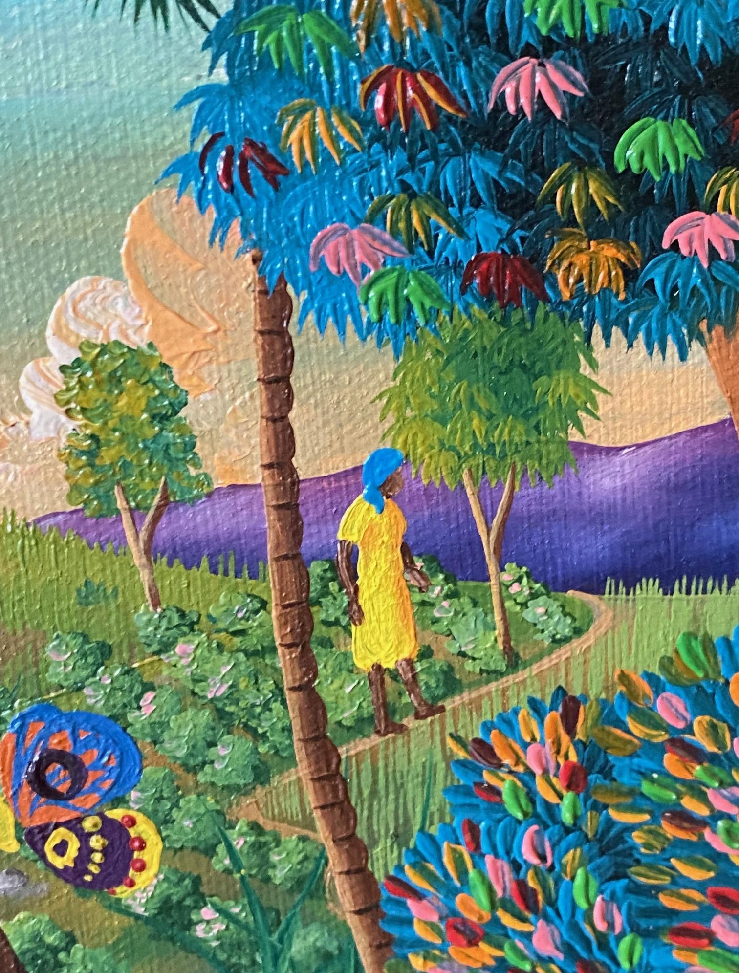 Toile E A Othello Signé Haiti Original Haitian Folk Art Village Scene Oil Painting en vente