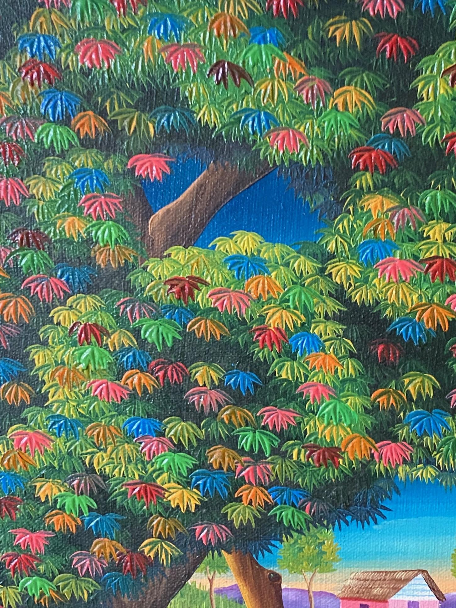 E A Othello Signé Haiti Original Haitian Folk Art Village Scene Oil Painting en vente 1