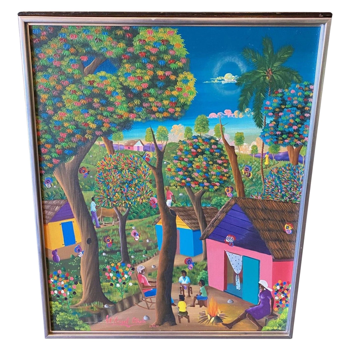 E A Othello Signé Haiti Original Haitian Folk Art Village Scene Oil Painting