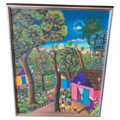 E A Othello Signé Haiti Original Haitian Folk Art Village Scene Oil Painting