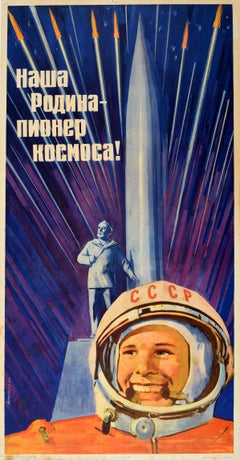 Original Vintage Soviet Propaganda Poster Gagarin Space Pioneer Cosmonaut USSR