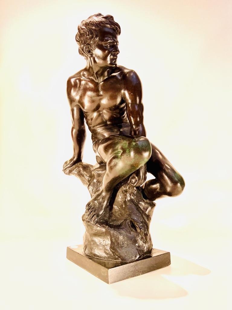 International Style E. Aurelio italian Art Deco brown bronze male circa 1930 For Sale