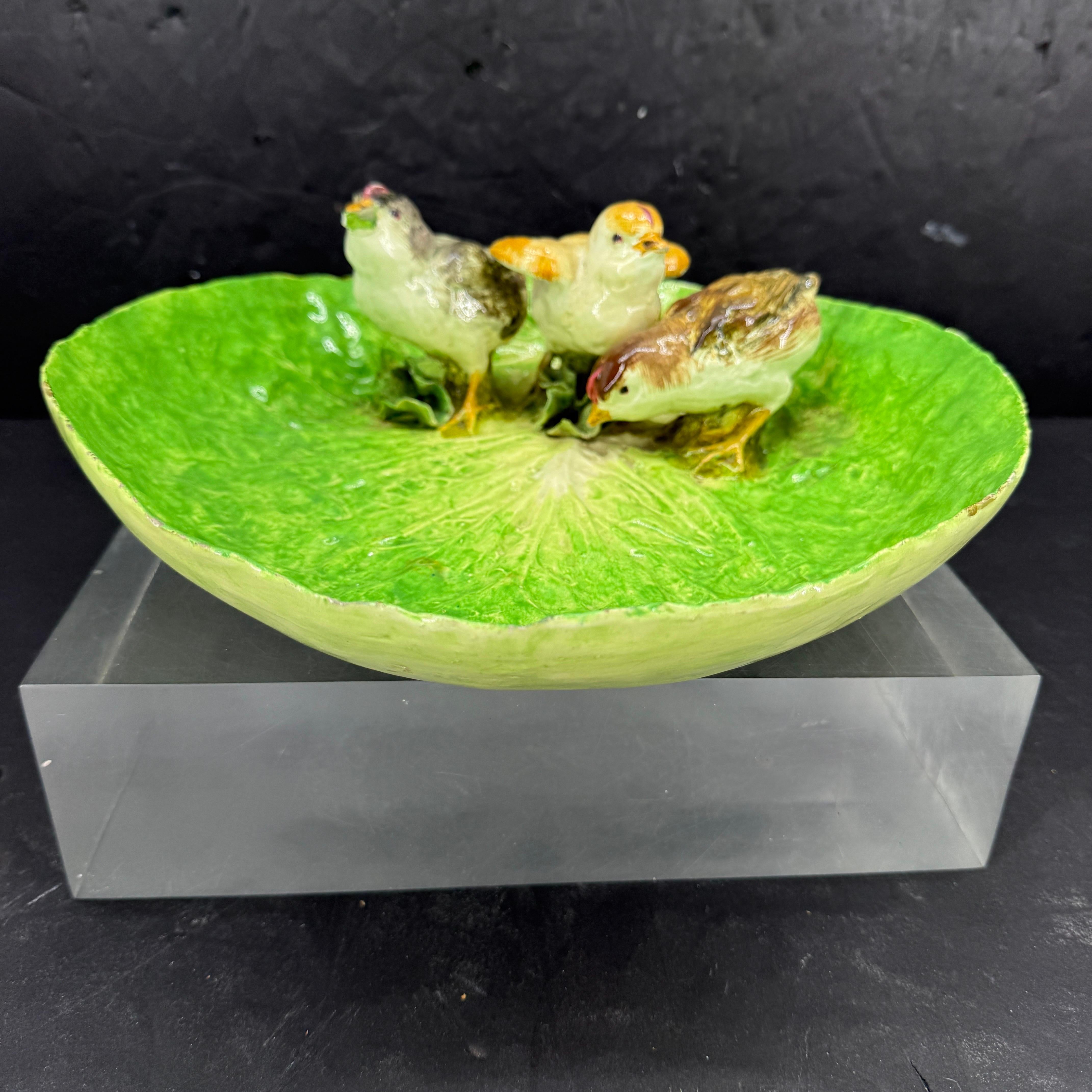 Smaltato E B Napoli Maiolica Napoliware Piatto ciotola Uccello Foglia di Cavolo in vendita