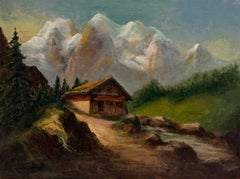 Vintage Swiss Alpine Mountain Landscape Oil Painting with Hillside Cottage