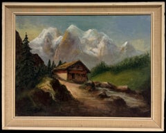 Vintage Swiss Alpine Mountain Landscape Oil Painting with Hillside Cottage