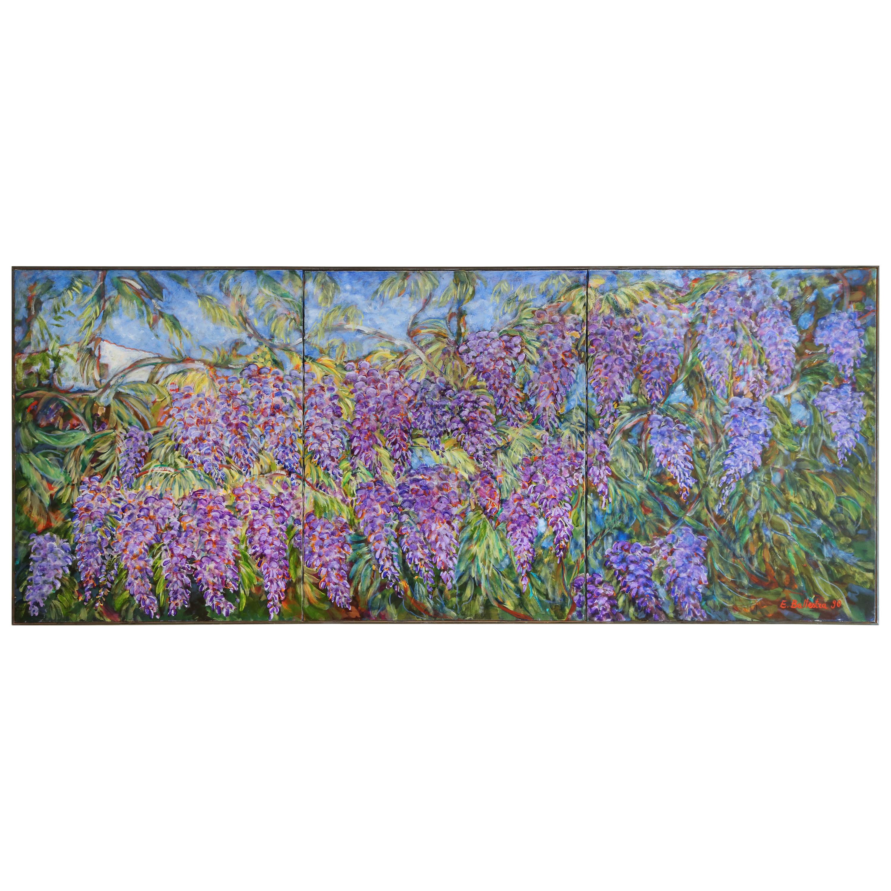 E. Ballestra Oil Painting on Canvas Wisteria Branches