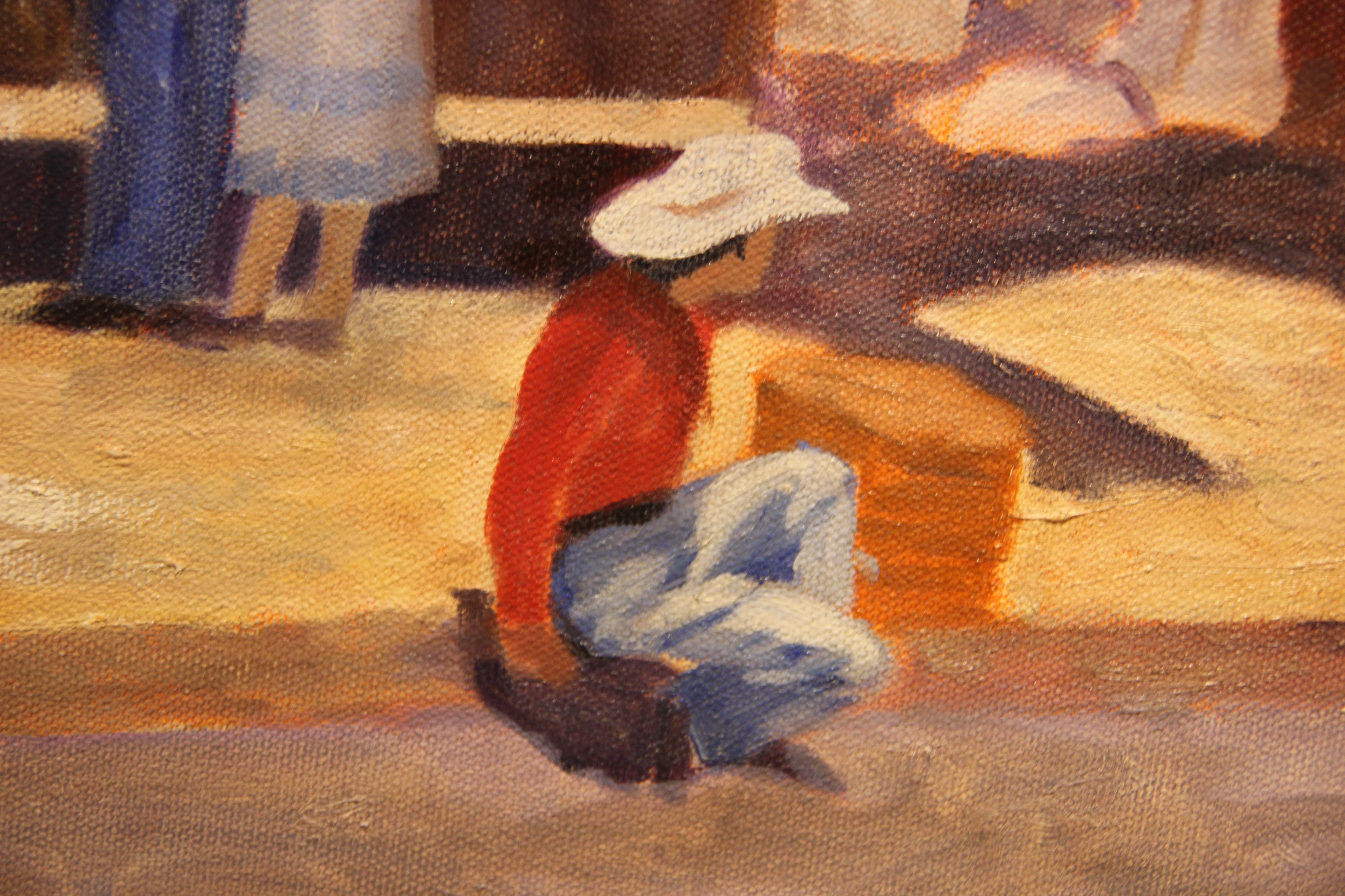 Warm getöntes impressionistisches Gemälde von E. Barrett, das eine Straßenszene mit Verkäufern und Marktbesuchern zeigt. Signiert 