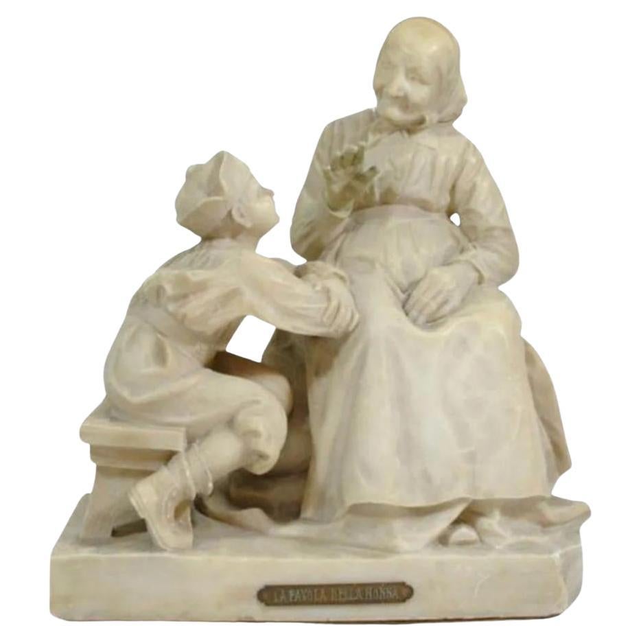 E Battiglia La Favola Della Nonna Alabaster Italian Sculpture Tale of Grandma For Sale
