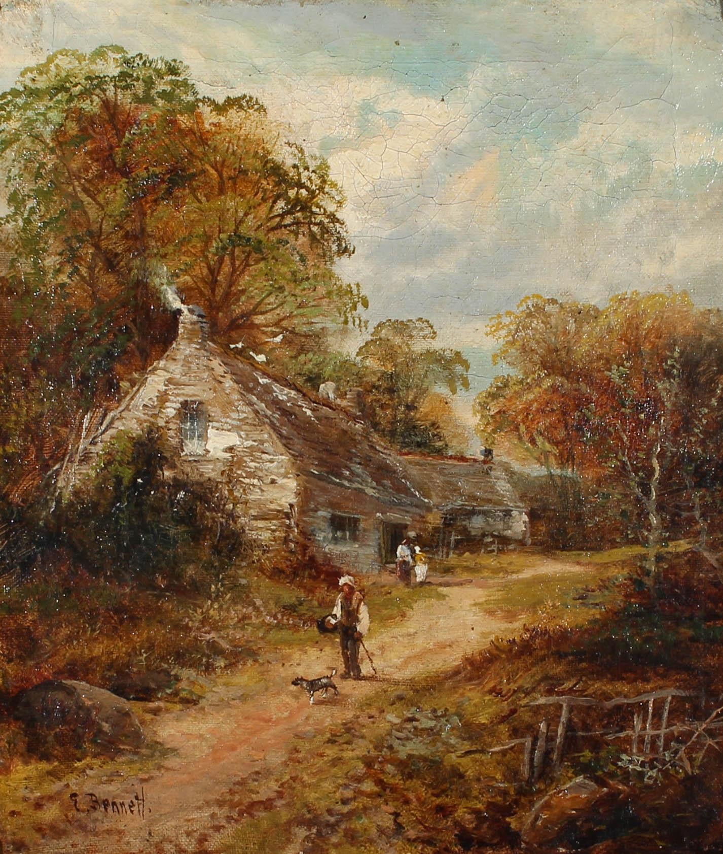 E. Bennett - Peinture à l'huile de la fin du XIXe siècle, ferme rurale 3