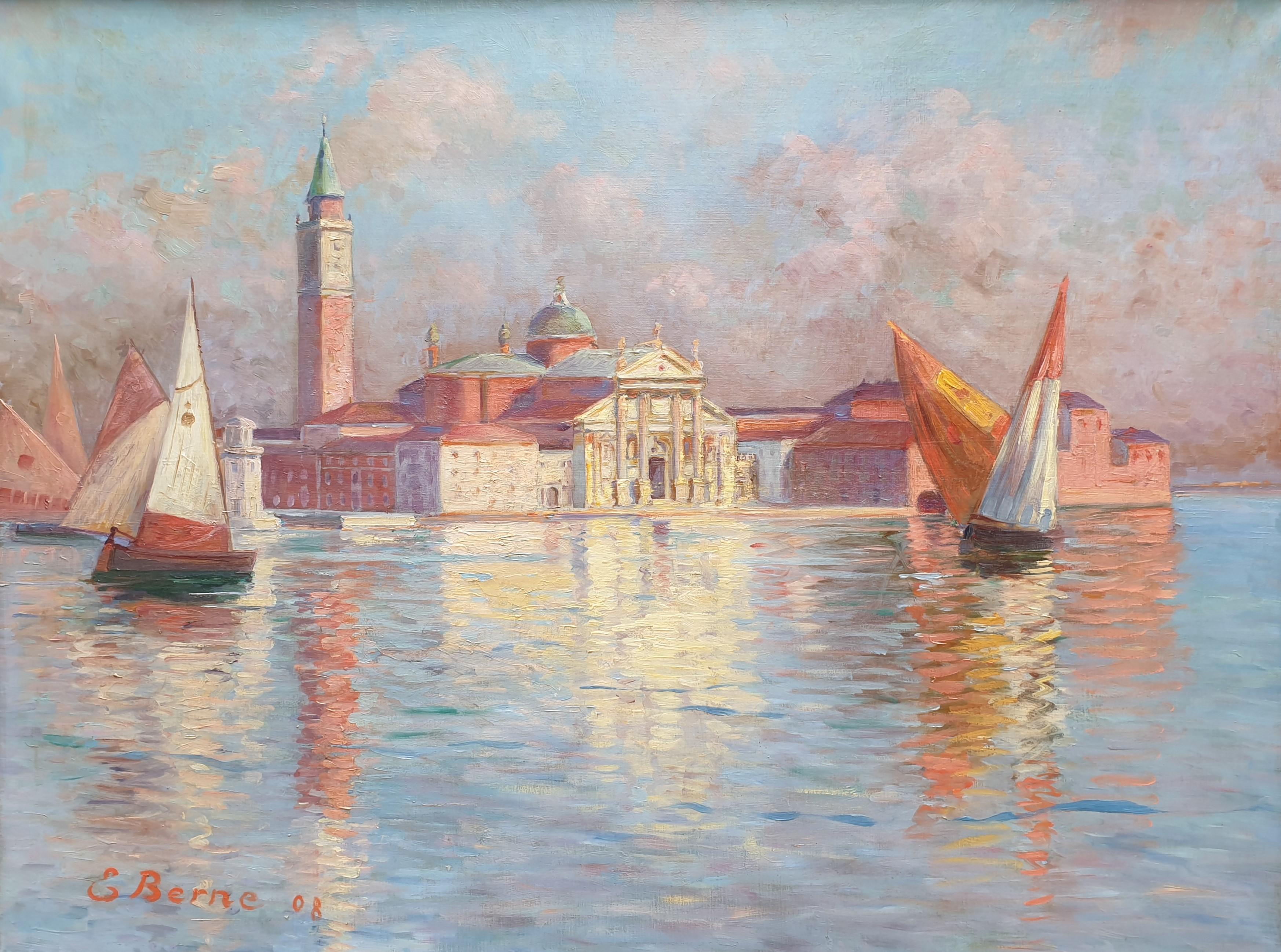 Peinture de Venise San Giorgio Maggiore Laguna Art nouveau 20e siècle - Painting de E. BERNE