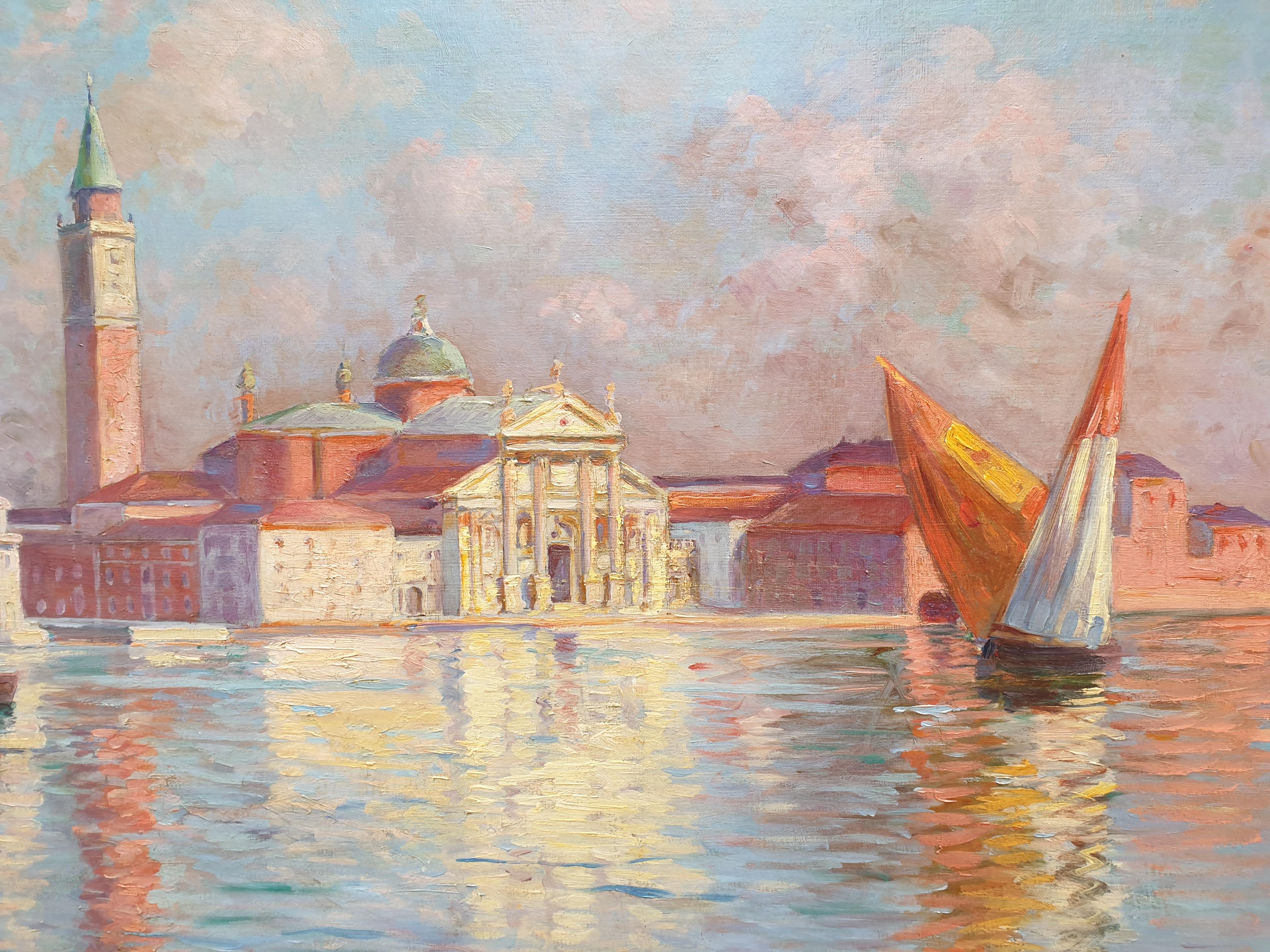 Peinture de Venise San Giorgio Maggiore Laguna Art nouveau 20e siècle - Gris Landscape Painting par E. BERNE