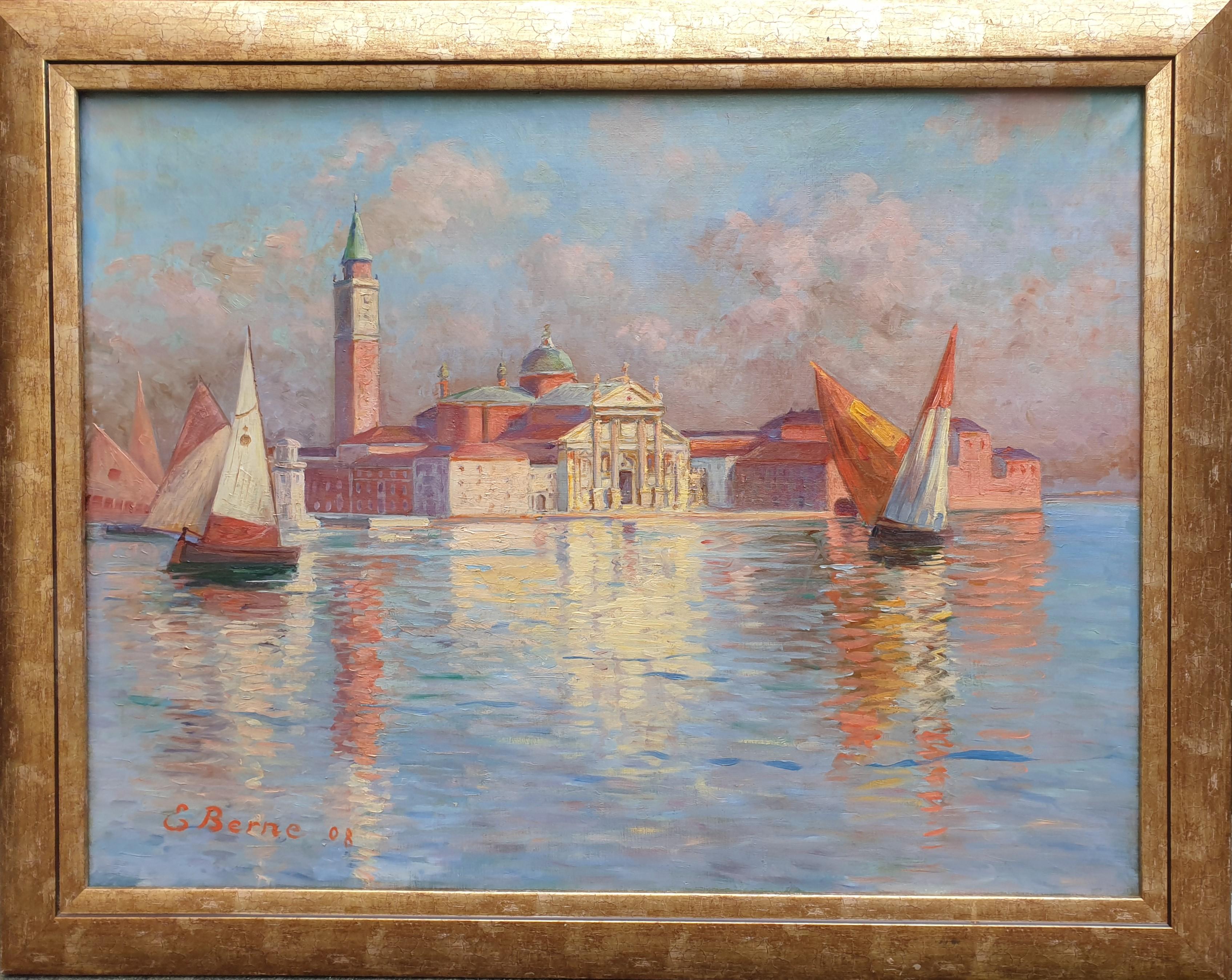 Landscape Painting E. BERNE - Peinture de Venise San Giorgio Maggiore Laguna Art nouveau 20e siècle