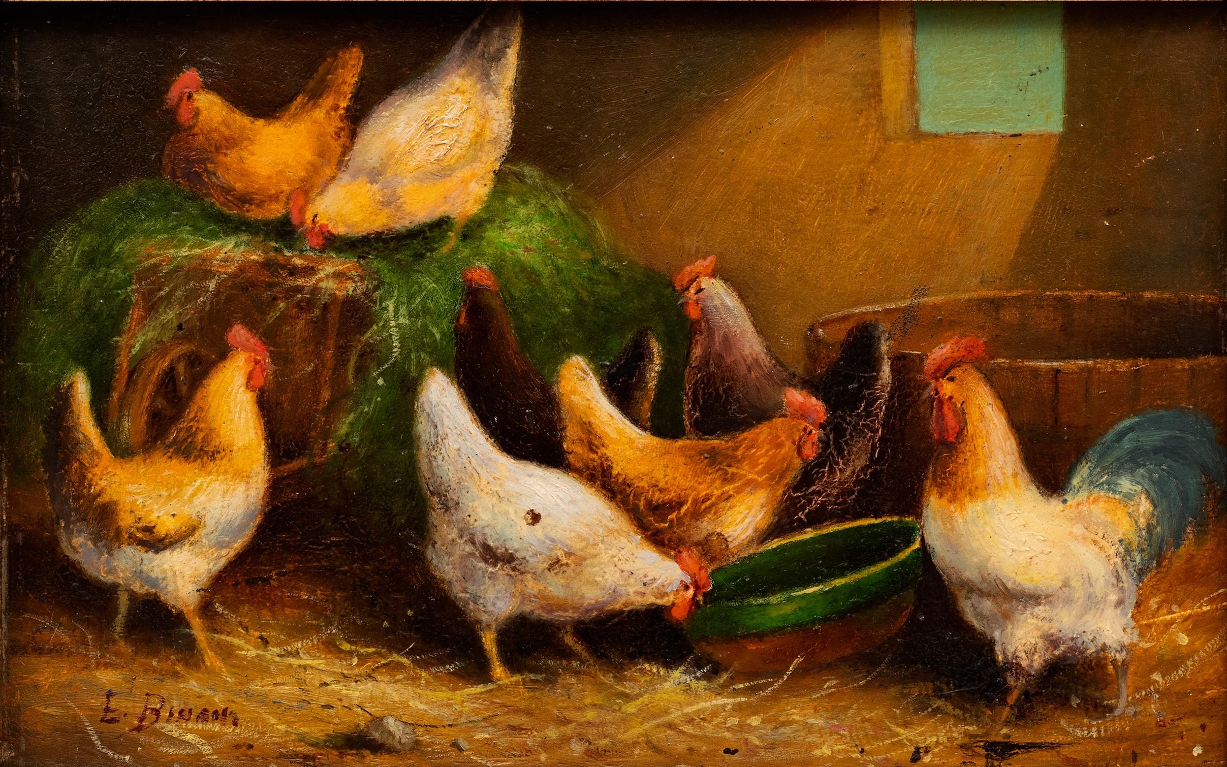 Coqs et poules dans une grange 19e siècle E. Binam en vente 1