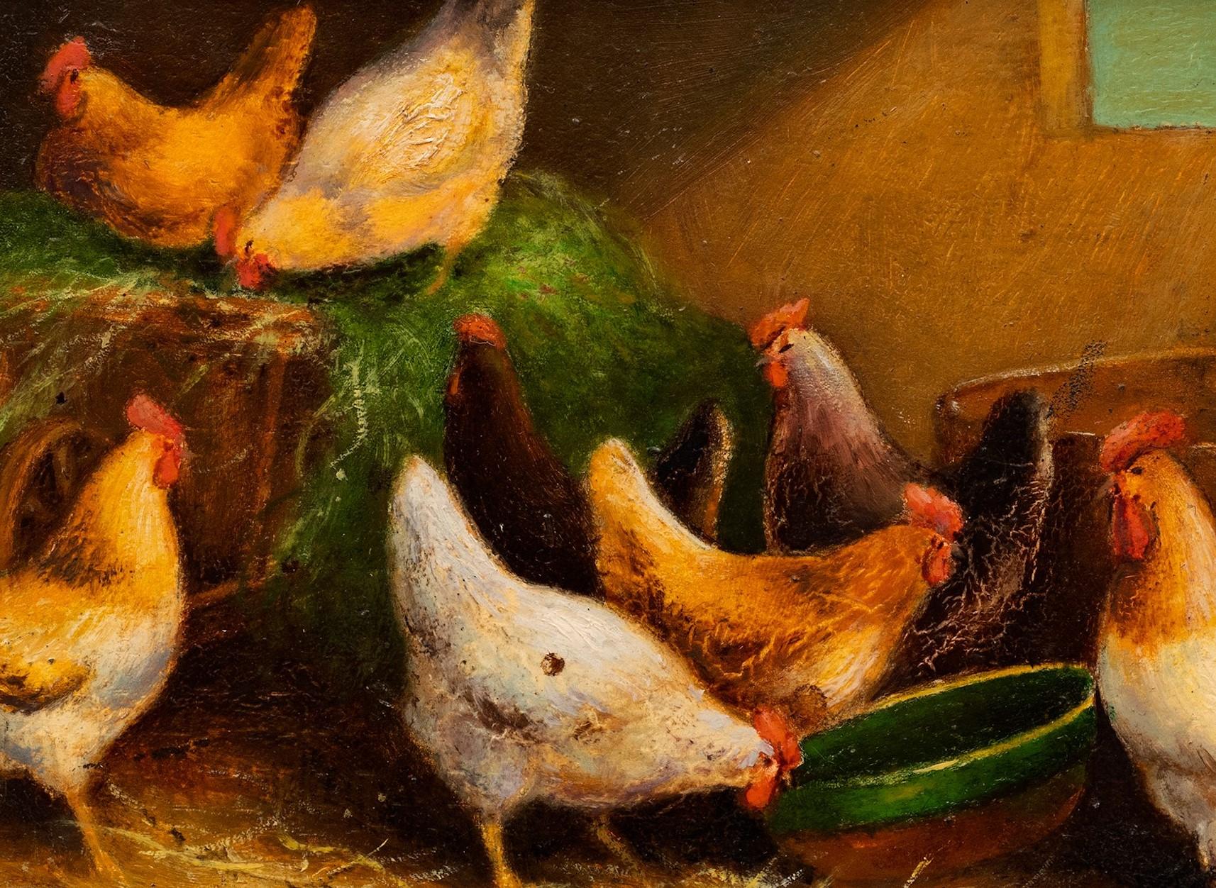 Coqs et poules dans une grange 19e siècle E. Binam en vente 2