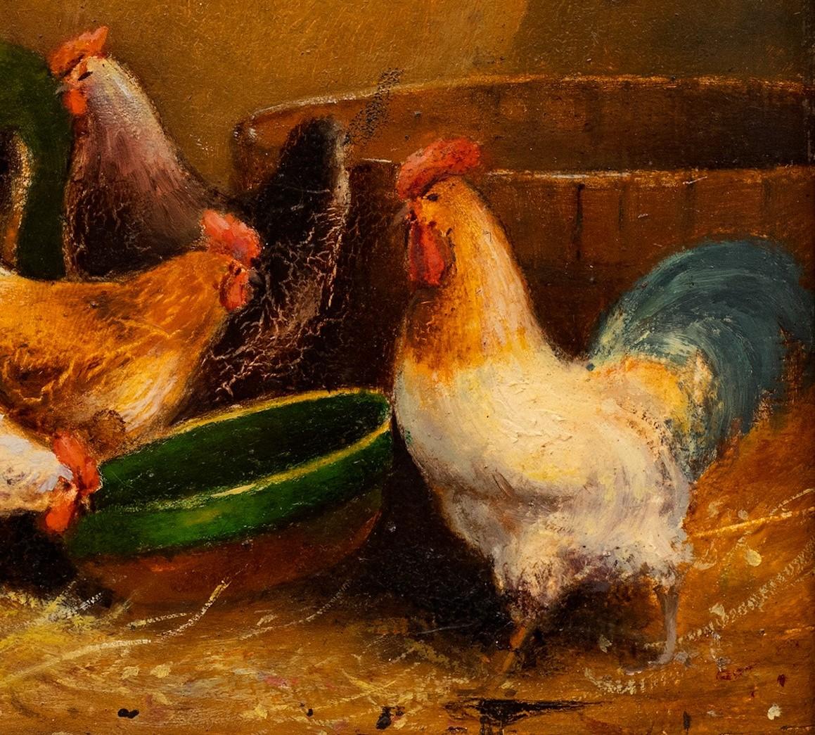 Coqs et poules dans une grange 19e siècle E. Binam en vente 3