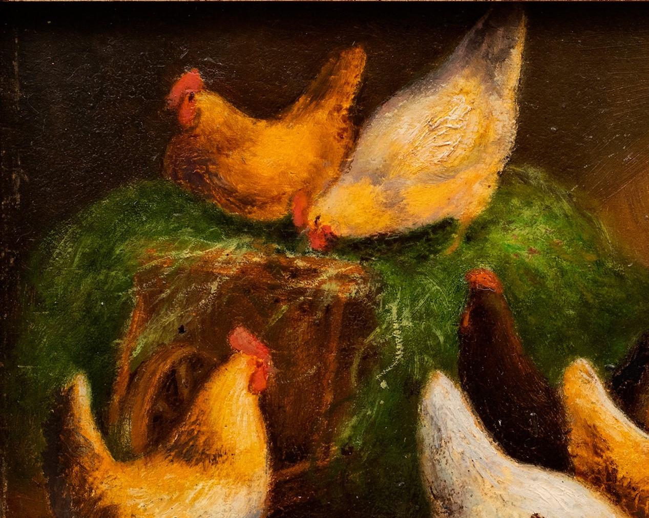 Coqs et poules dans une grange 19e siècle E. Binam en vente 4