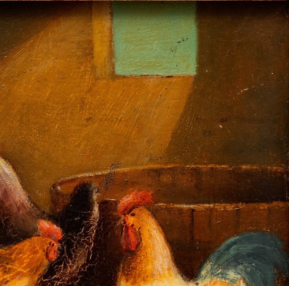Coqs et poules dans une grange 19e siècle E. Binam en vente 5