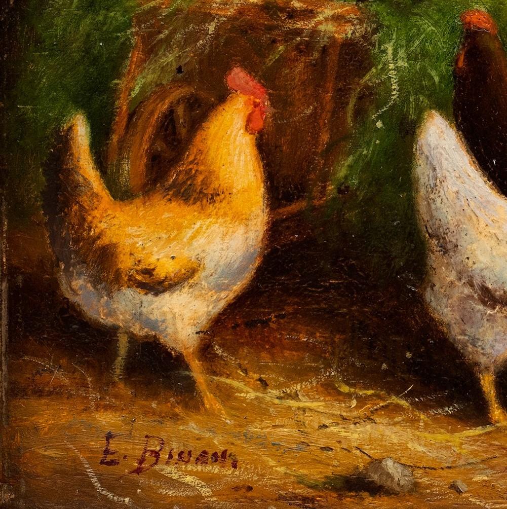 Coqs et poules dans une grange 19e siècle E. Binam en vente 6