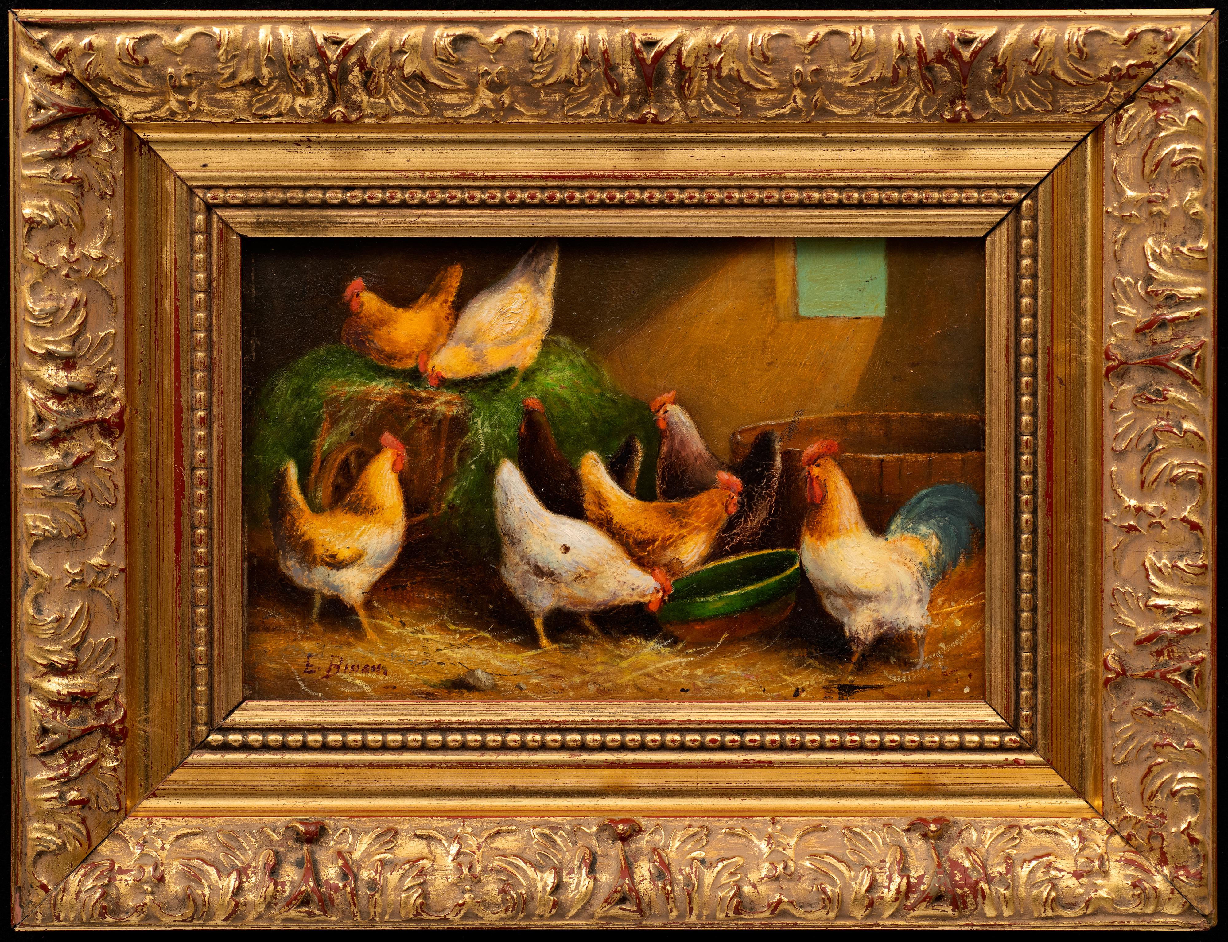 Galli e galline in un fienile XIX secolo E. Binam