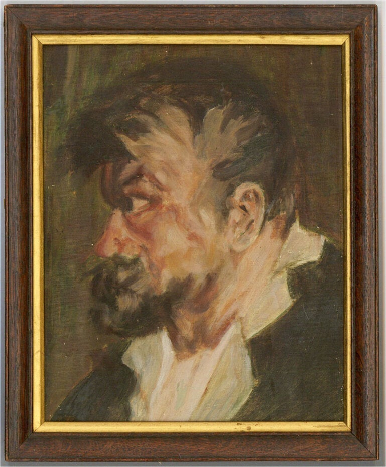 A wonderfully striking portrait in oil from the early 20th Century showing an angry red faced man. His bearded face is lined with emotion. The portrait has an air of Goya's black portraits. The painting is unsigned and presented in an early 20th
