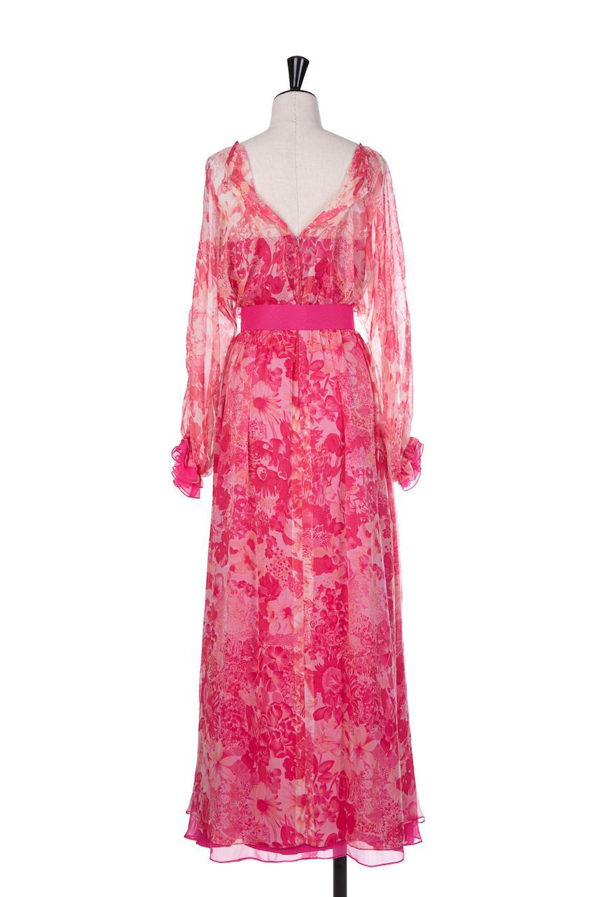 E. Braun & Co. Pink & Coral Floral Print Silk Chiffon Maxi Dress & Belt, 1970s For Sale 4