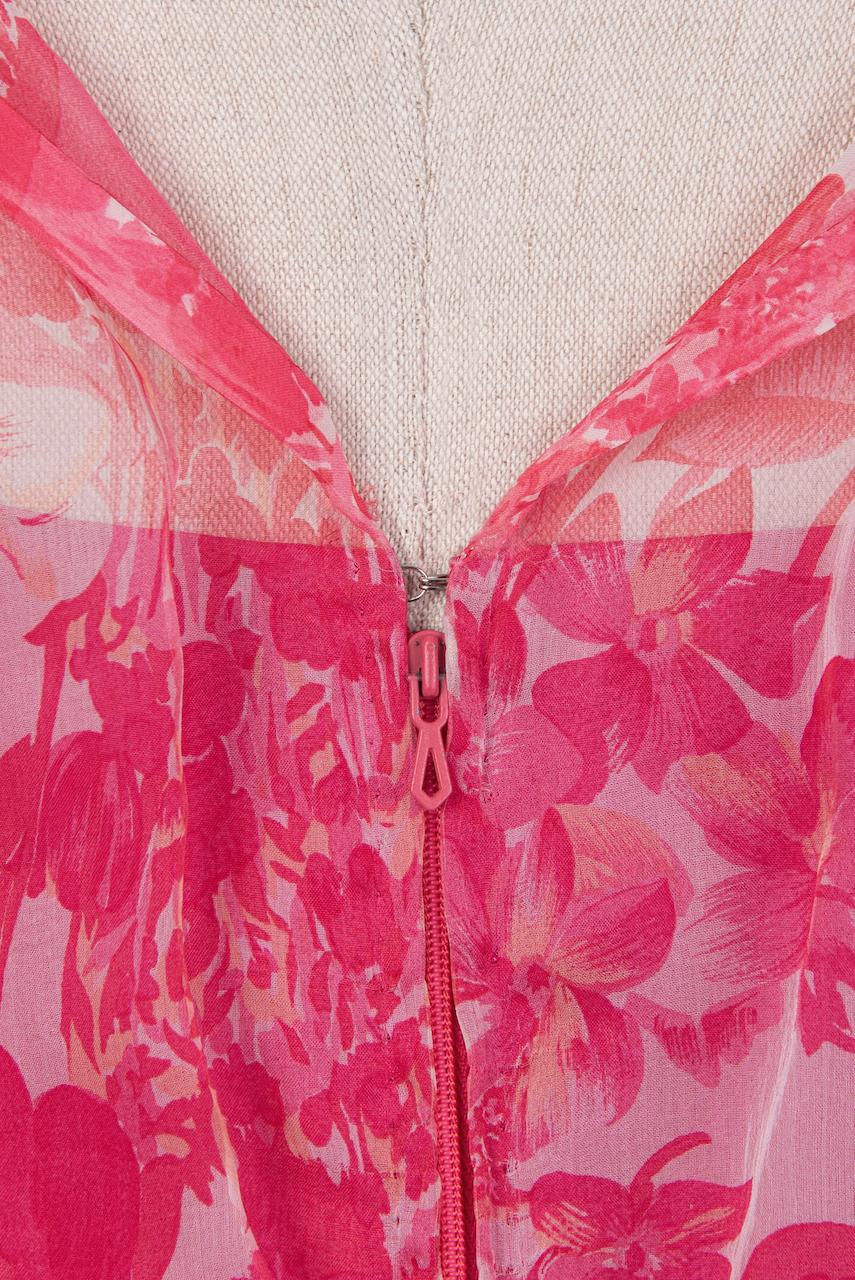 E. Braun & Co. Pink & Coral Floral Print Silk Chiffon Maxi Dress & Belt, 1970s For Sale 5