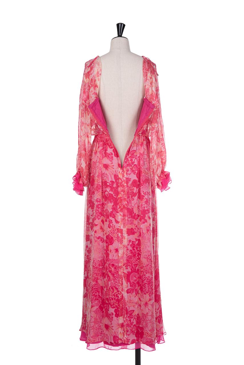 E. Braun & Co. Pink & Coral Floral Print Silk Chiffon Maxi Dress & Belt, 1970s For Sale 6