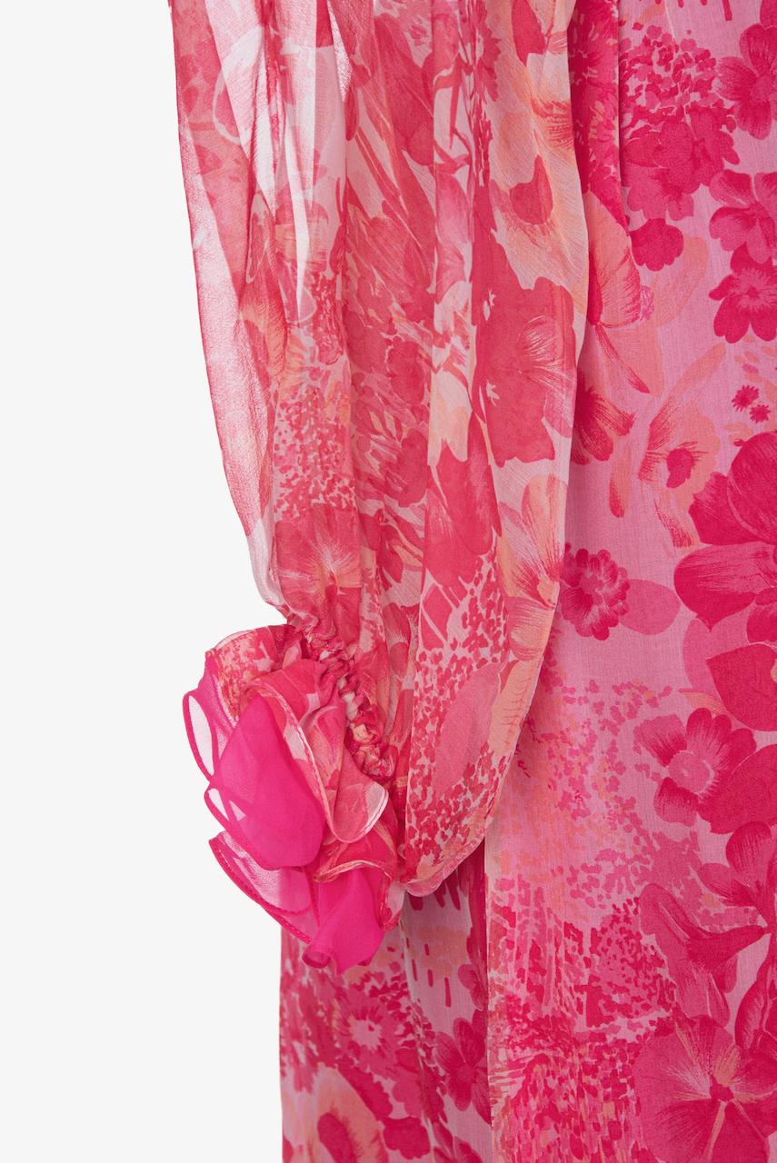 E. Braun & Co. Pink & Coral Floral Print Silk Chiffon Maxi Dress & Belt, 1970s For Sale 7