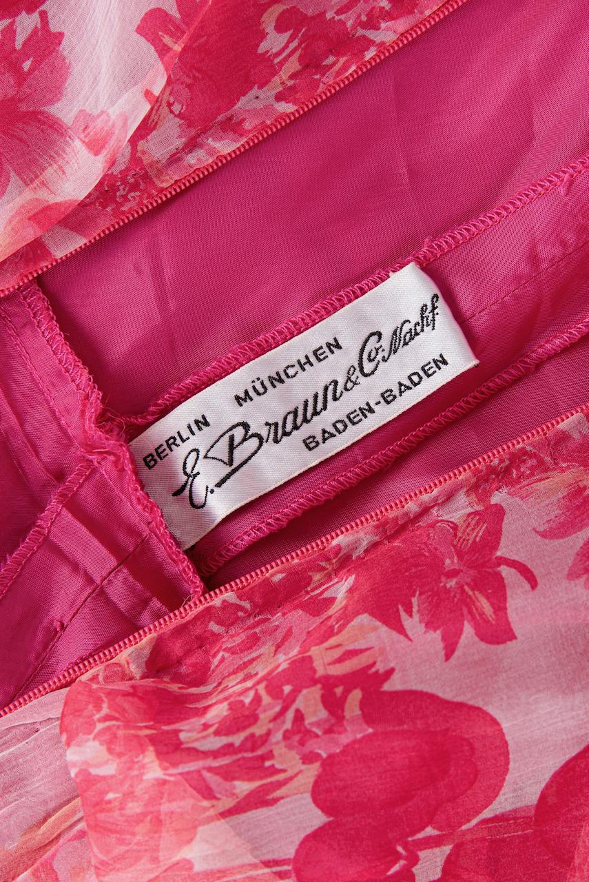 E. Braun & Co. Pink & Coral Floral Print Silk Chiffon Maxi Dress & Belt, 1970s For Sale 11