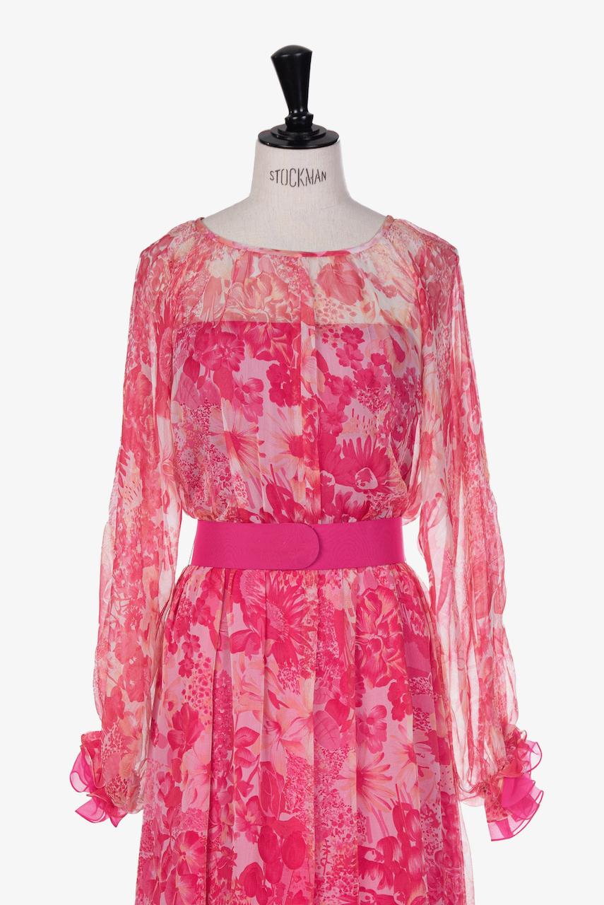 Women's E. Braun & Co. Pink & Coral Floral Print Silk Chiffon Maxi Dress & Belt, 1970s For Sale