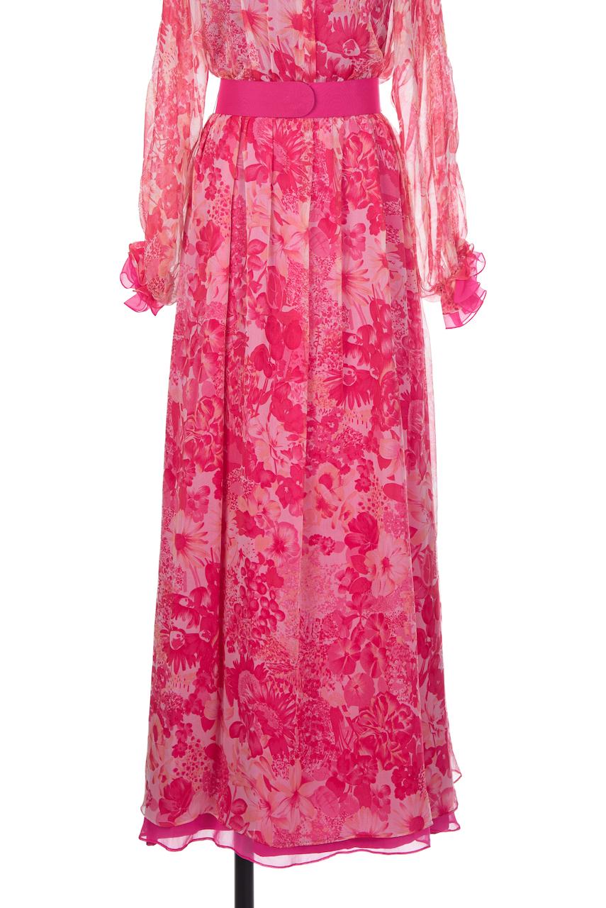 E. Braun & Co. Pink & Coral Floral Print Silk Chiffon Maxi Dress & Belt, 1970s For Sale 1