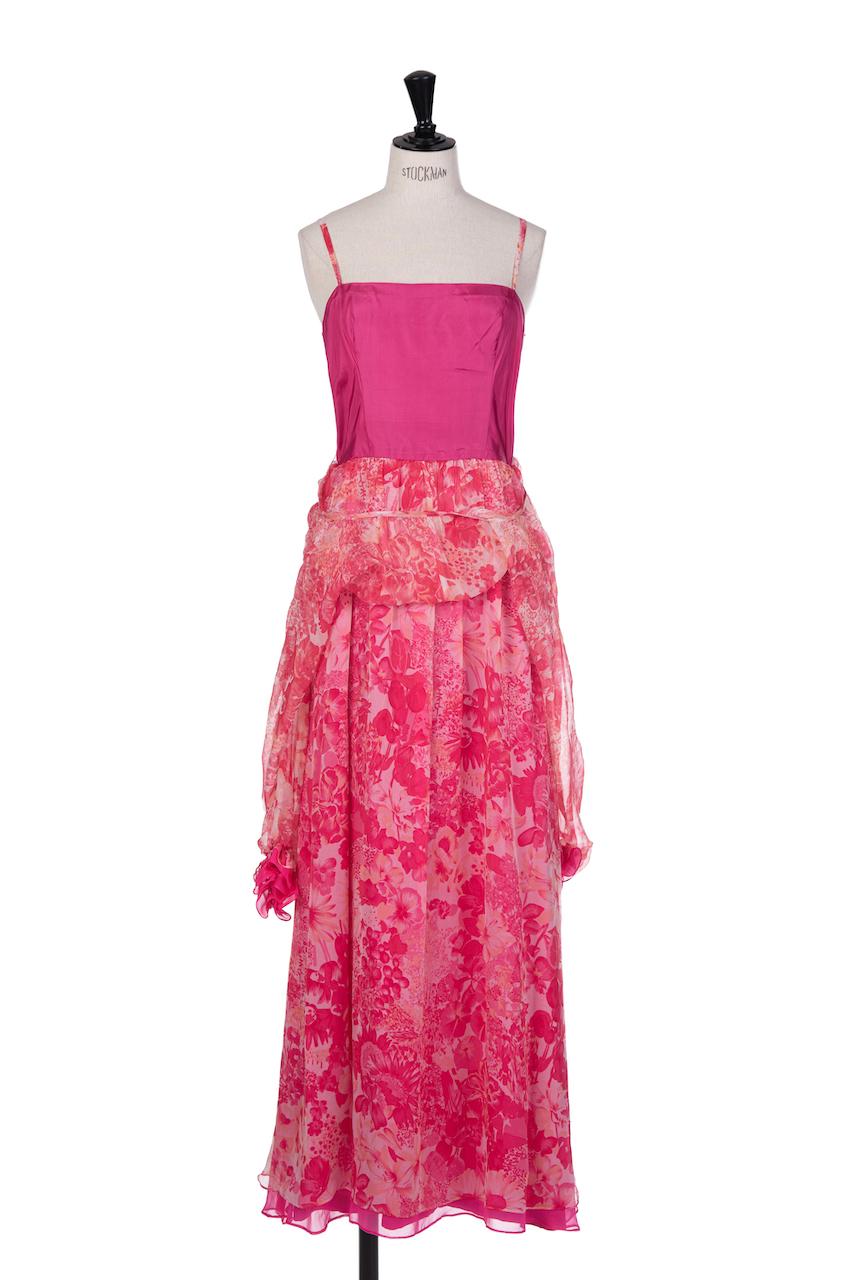 E. Braun & Co. Pink & Coral Floral Print Silk Chiffon Maxi Dress & Belt, 1970s For Sale 2